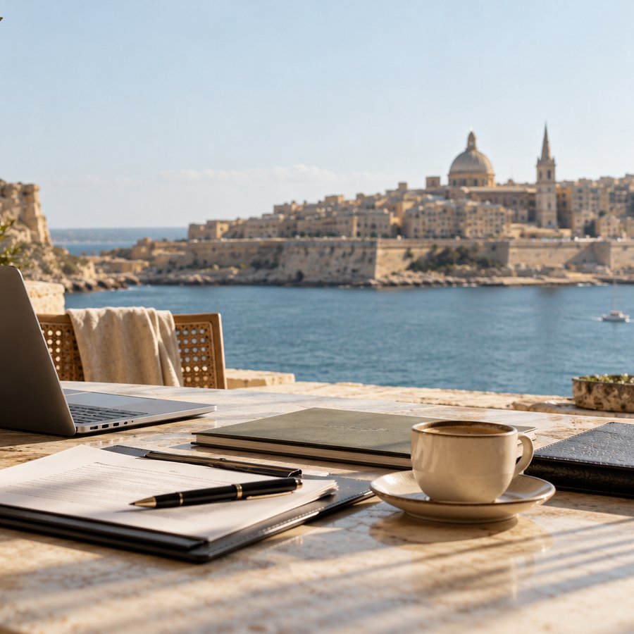 A stone terrace table with a laptop, papers and coffee, looking across the harbour to Valletta